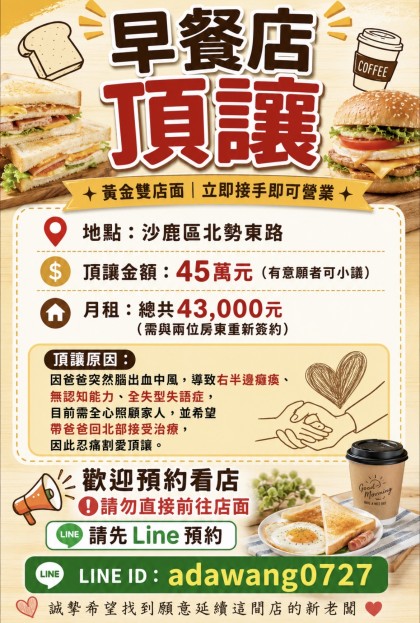 『台中北勢東路』熱門雙店面早午餐頂讓臨近雙大學
